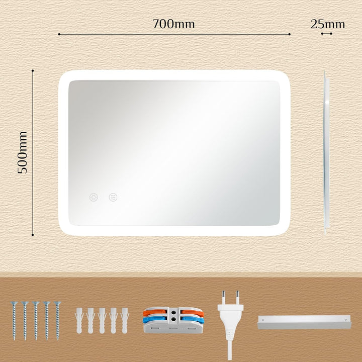 Clevich Badspiegel mit Beleuchtung 70×50 cm, LED Spiegel mit 3 Lichtfarben dimmbar, gehärtetes Glas