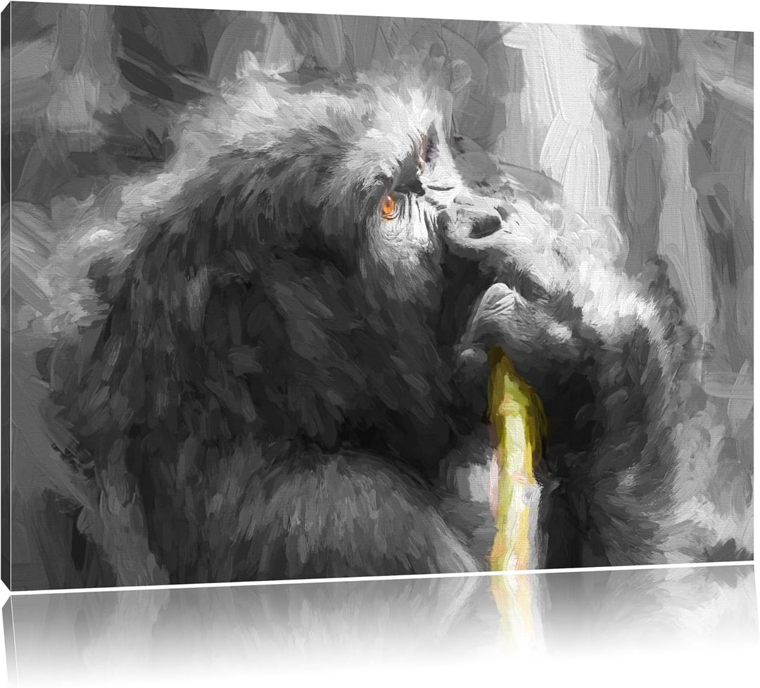 stolzer Gorilla isst schwarz/weiss Deluxe Format: 100x70 cm auf Leinwand, XXL riesige Bilder fertig