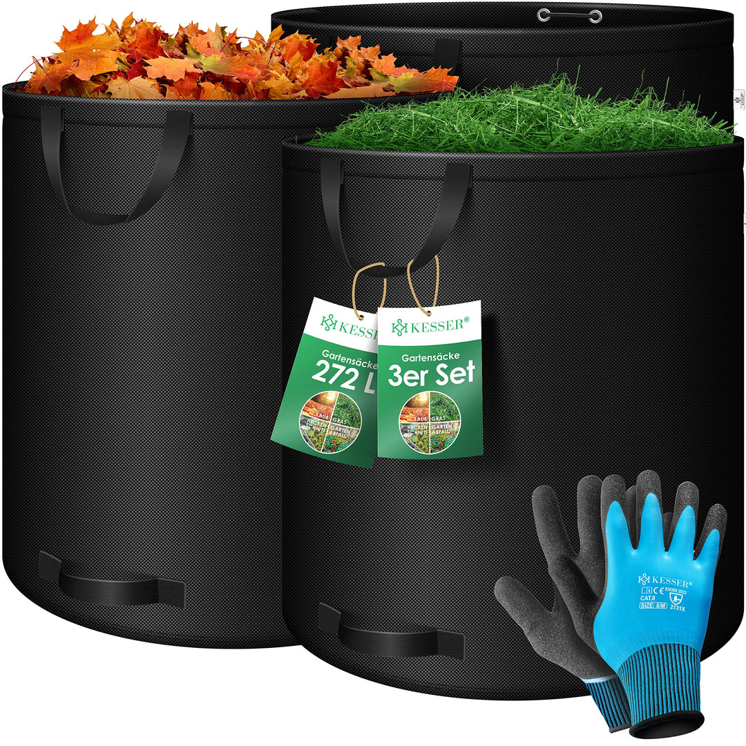 KESSER® Gartensack 3x 272L Set Laubsack Gartenabfallsack inkl. Handschuhe - Selbststehend 4 Griffe S