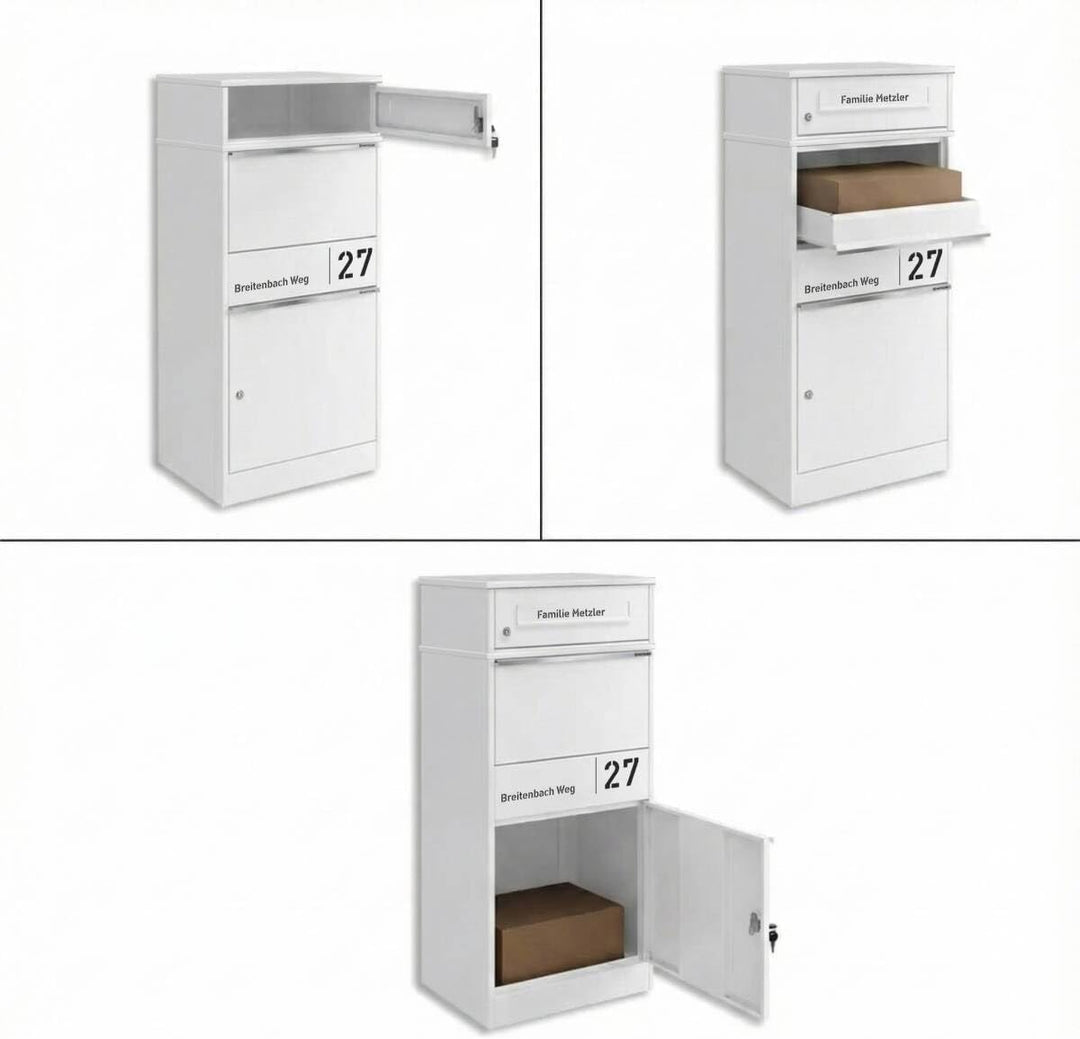 Metzler Paketbox draussen gross in Weiss RAL9016 - Briefkasten mit Paketfach personalisiert mit Grav