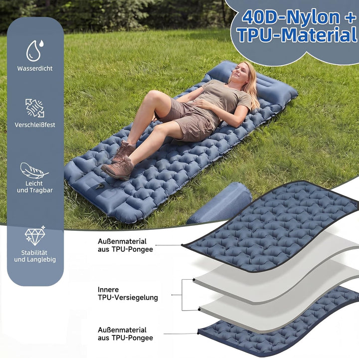 HAUSPROFI Isomatte Camping Luftmatratze extra breit, Ultraleicht, aufblasbar – mit integriertem Kiss