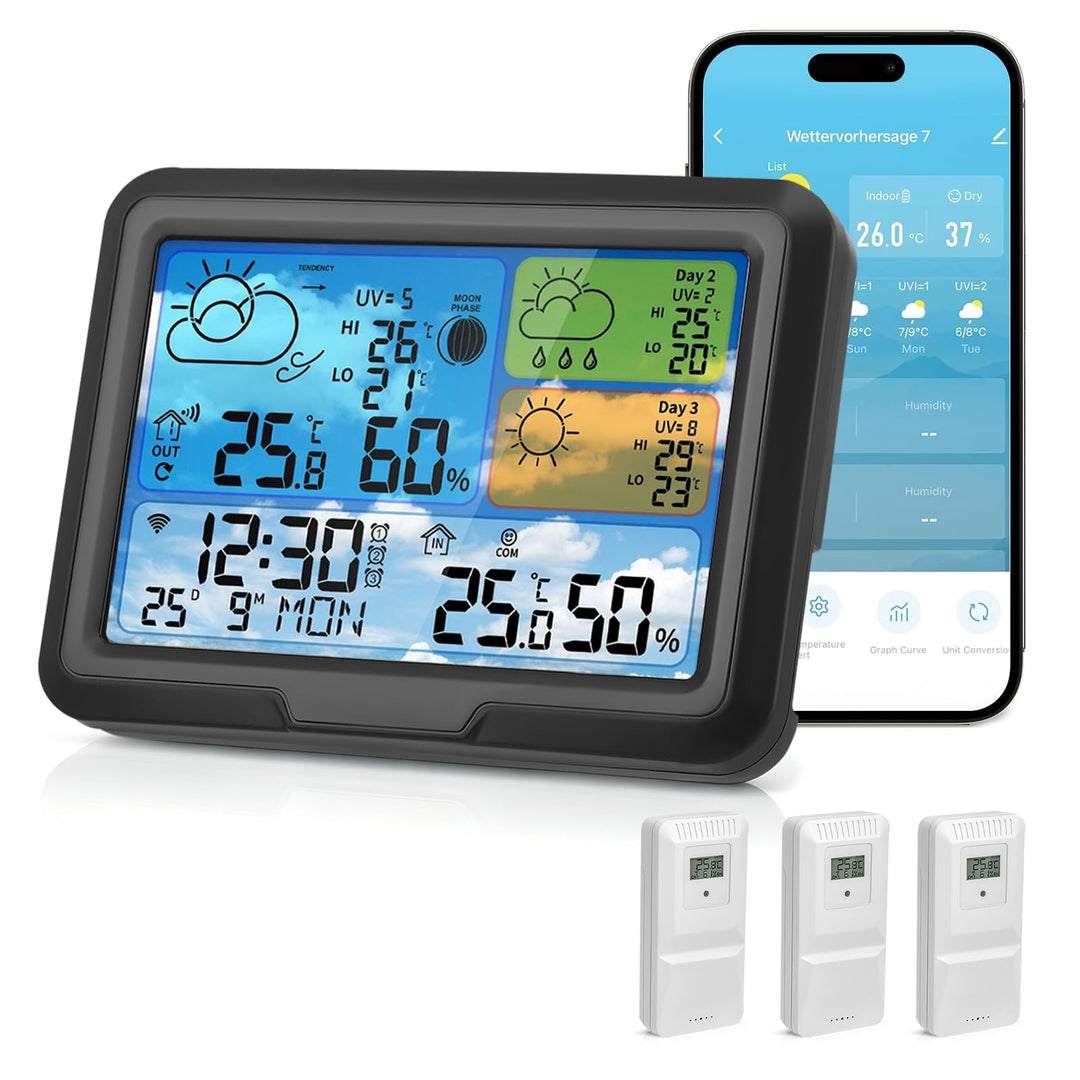 Wetterstation Wlan,Mit 3 Aussensensor,App Tuya Und Smartlife, 3 Aussensensor