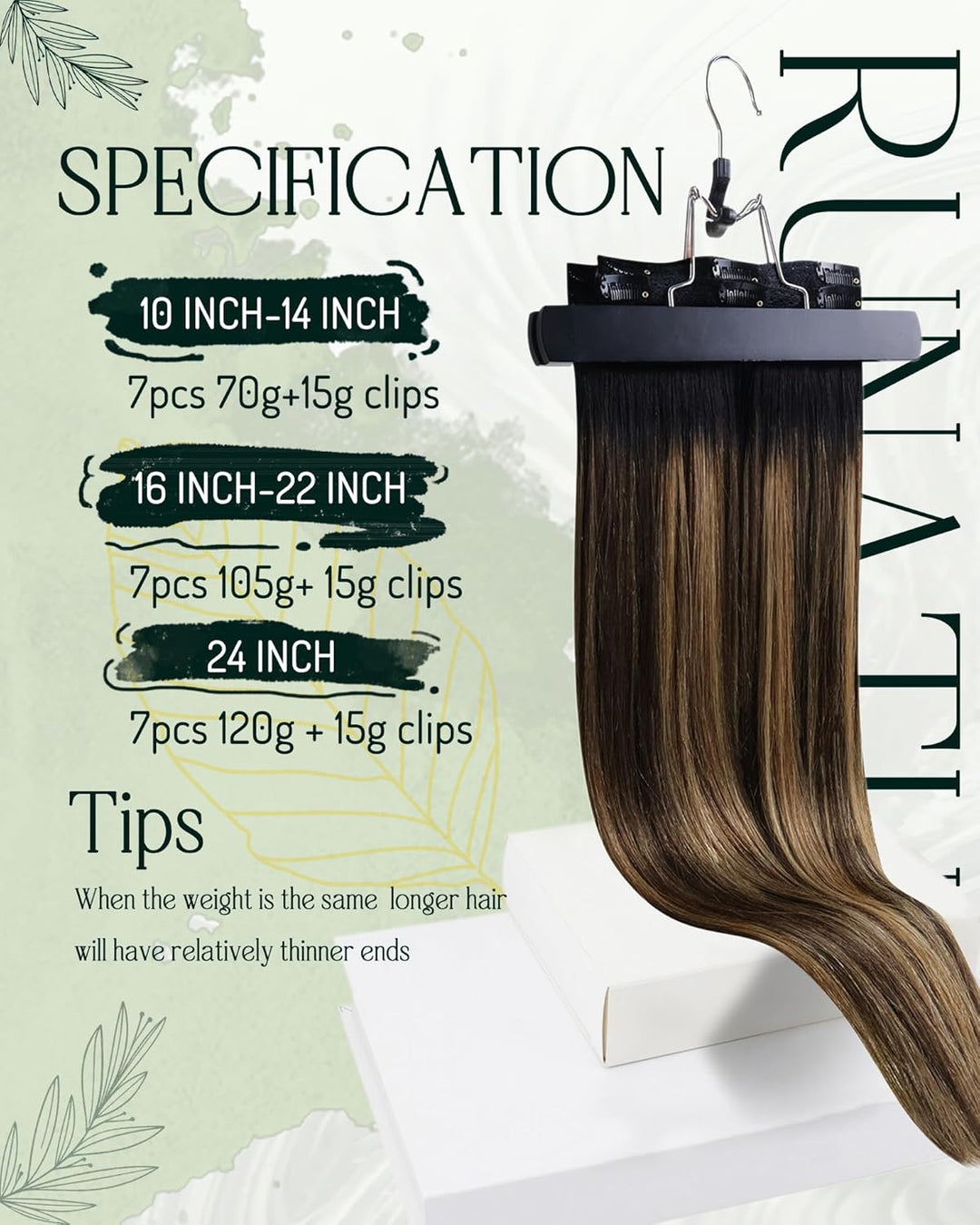 RUNATURE Echthaar Extensions Clip in Balayage 50cm 120g Echte Natürlich Schwarz Und Braun bis Blond