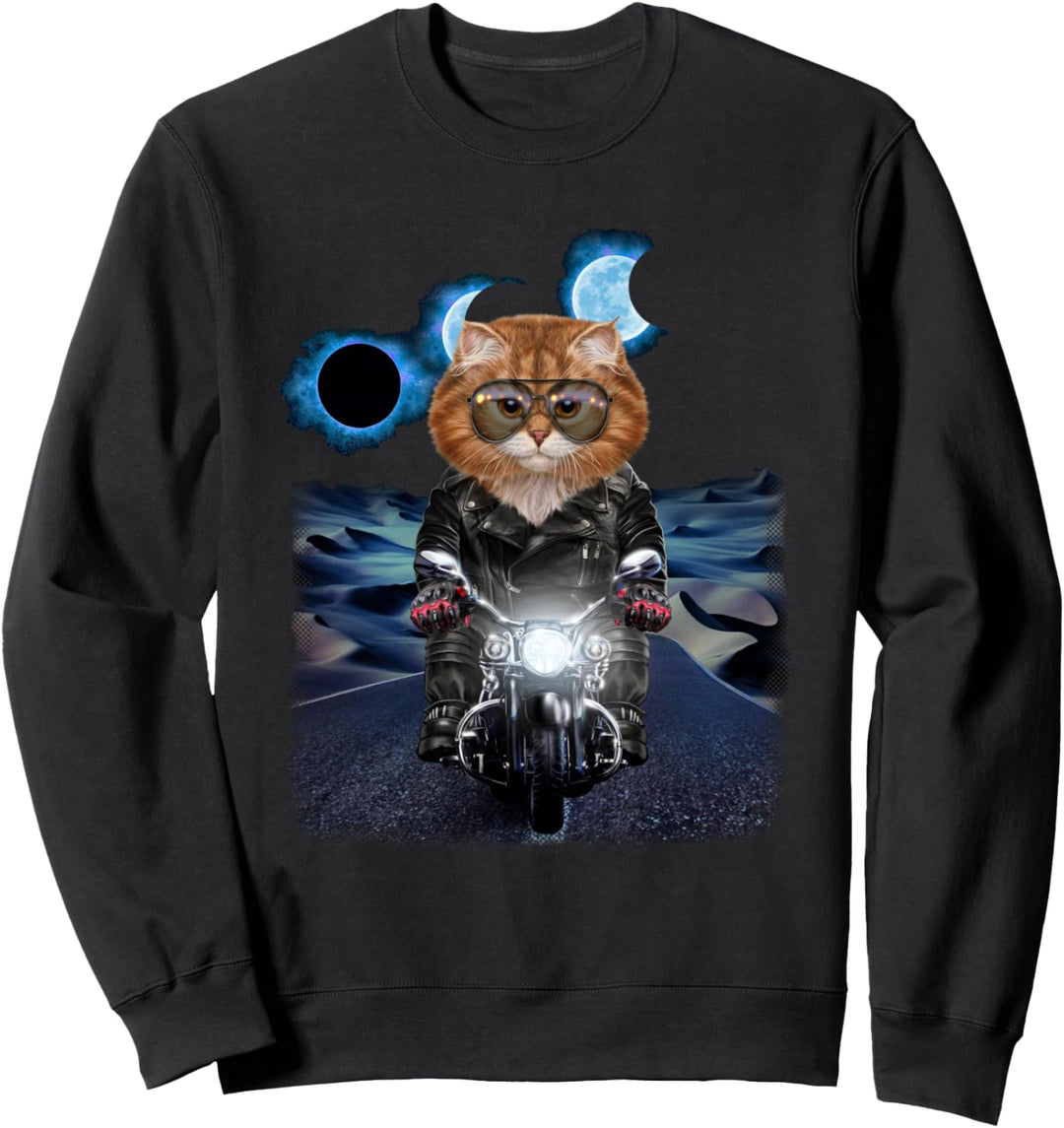 Orange Katze auf Motorrad während Sonnenfinsternis Sweatshirt