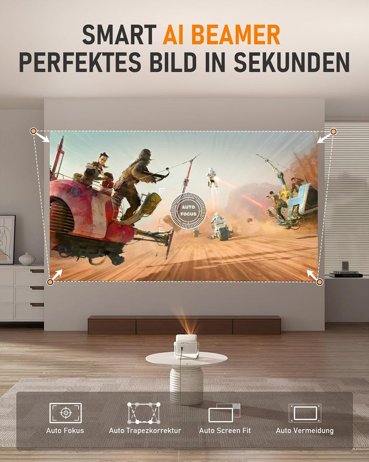 Smart Mini Beamer【Netflix Offiziell ＆ Autofokus / 6D Trapezkorrektur 】 27000L WiFi6 Bluetooth Beamer