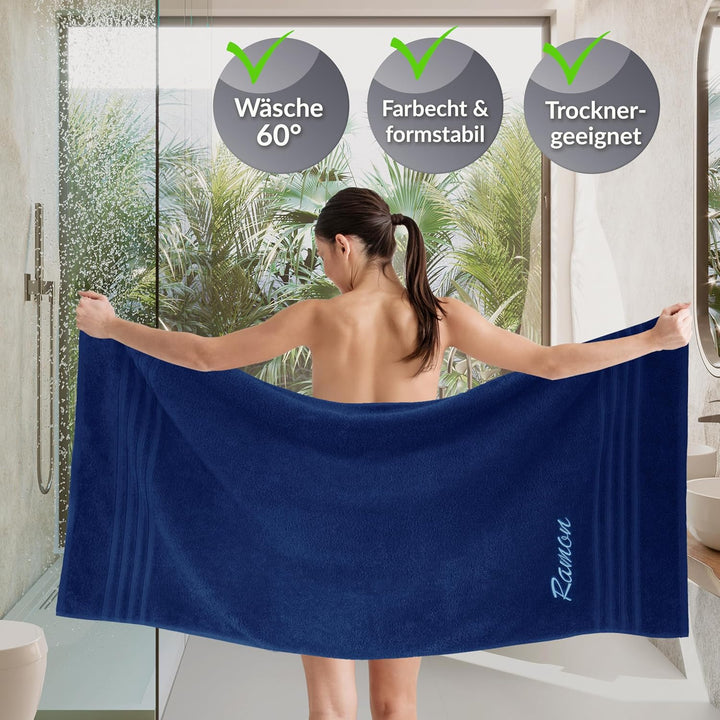 Lashuma Handtuch personalisiert mit Name, Duschtuch 70x140 cm Blau - Marine, Serie: London 70 x 140