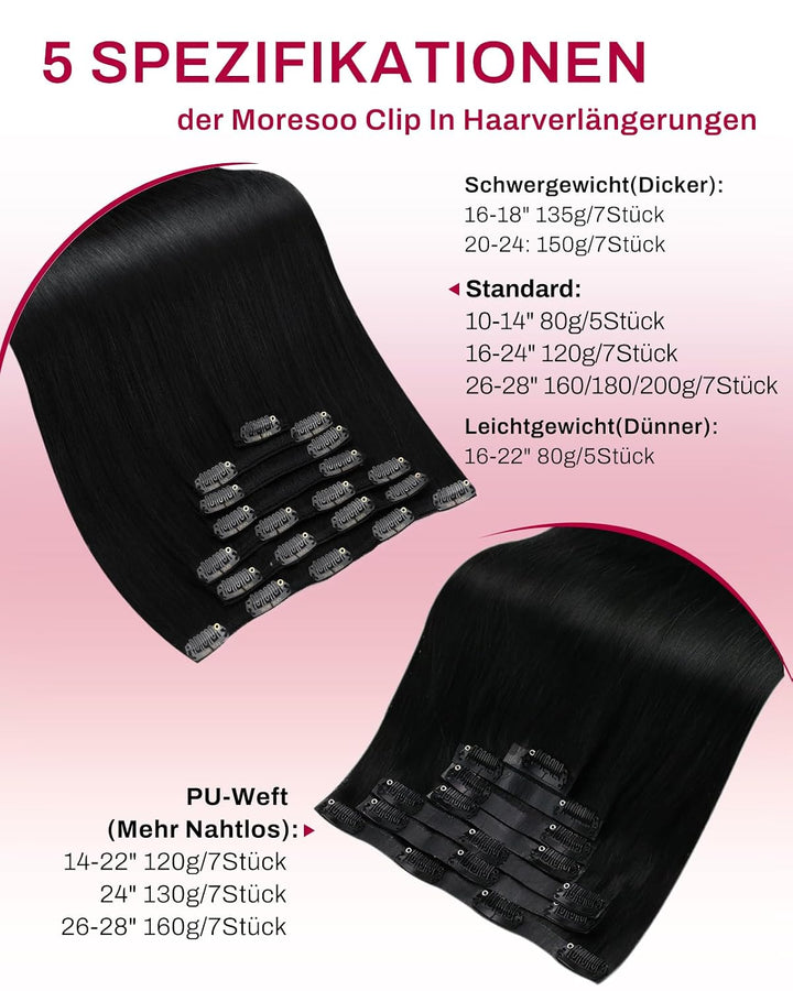 Moresoo Clip in Extensions Schwarz Remy Echthaar Extensions Clip in Haarverlängerung Doppelt Tressen