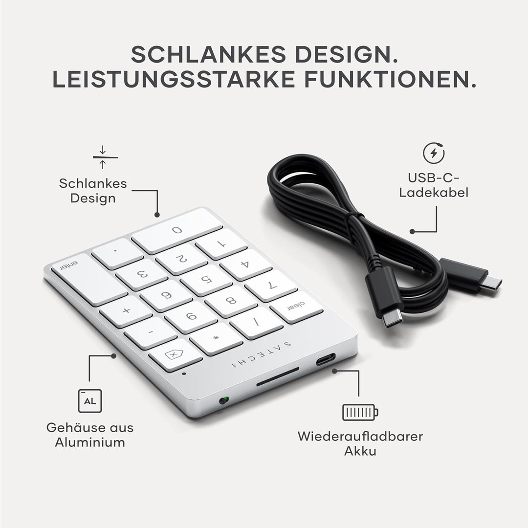 SATECHI Bluetooth Zahlenblock – Kabelloser Aluminium 18-Tasten Nummernblock – USB-C wiederaufladbare