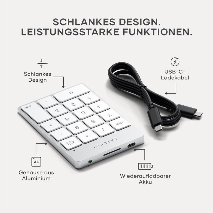 SATECHI Bluetooth Zahlenblock – Kabelloser Aluminium 18-Tasten Nummernblock – USB-C wiederaufladbare