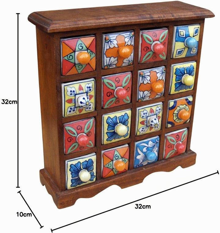 GURU SHOP Apothekerschränkchen mit Bunten Keramik Schubfächern - 4x4 Fächer, Braun, 32x32x10 cm, Dos