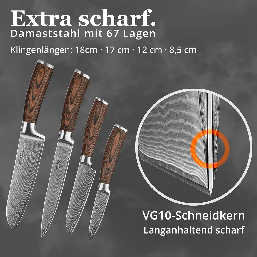 Wakoli 4er Damastmesser-Set mit Klingenlängen von 8,50cm bis 18cm extrem scharf aus 67 Lagen I Profi