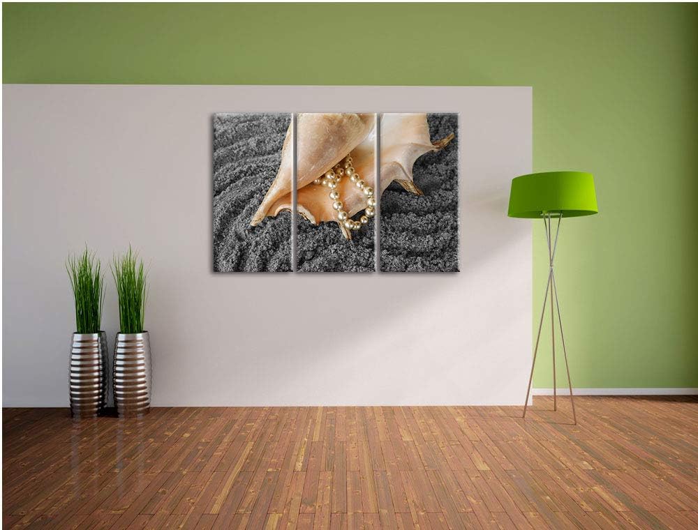 Muschel mit Perlenkette im Sand schwarz/weiss 3-Teiler Leinwandbild 120x80 Bild auf Leinwand, XXL ri