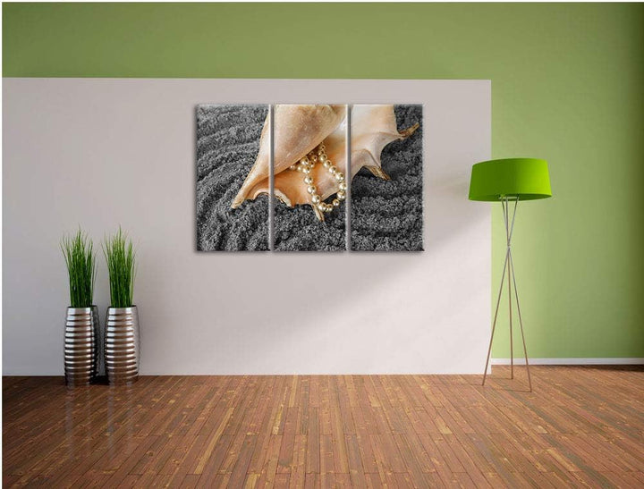 Muschel mit Perlenkette im Sand schwarz/weiss 3-Teiler Leinwandbild 120x80 Bild auf Leinwand, XXL ri
