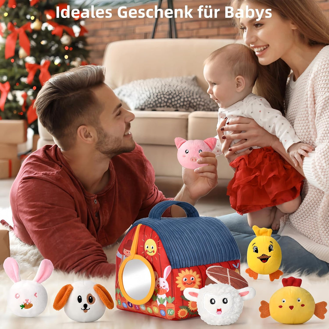 Montessori Baby Spielzeug ab 6 -12 Monate - Weiches Bauernhof-Set mit 6 Tieren, Rassel & Spiegel, Se