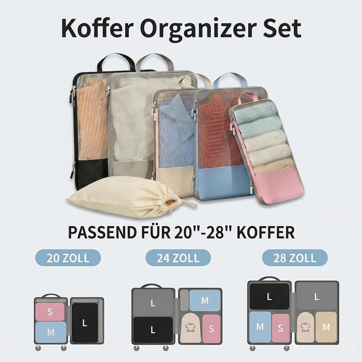 Koffer Organizer, 6er Set Packing Cubes Kompression Beige mit Langgriff, Premium Packwürfel für Reis
