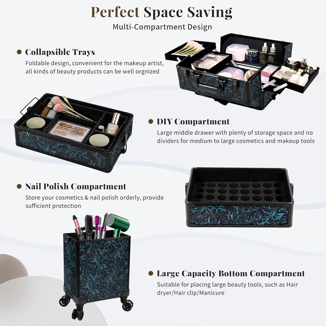 Arous 5-in-1-Kosmetik-Trolley mit Rollen, für Reisen, abschliessbar, mit Rädern, für Friseure, Künst