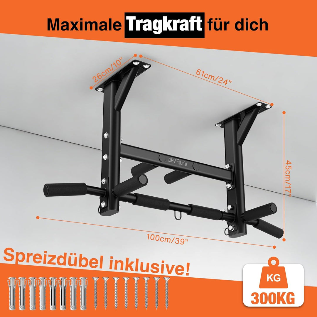 DH FitLife Klimmzugstange Deckenmontage 4in1 bis 200kg, Multifunktionale Pull Up Bar für Zuhause, 8