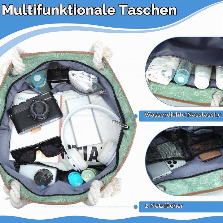 Strandtasche Damen Gross mit Reissverschluss, Vielseitiger Badetasche XXL Familie Saunatasche Reiset