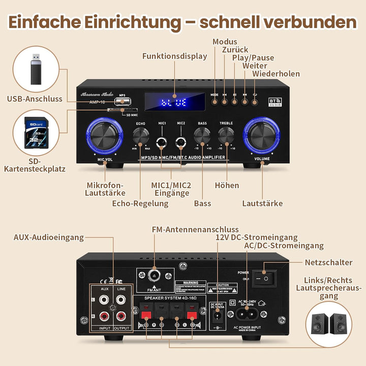 Henakmsl Bluetooth Stereo Verstärker 2.0, 2 x 50 W, Subwoofer-Out | Mit USB, SD, FM, AUX, 2 Mikrofon