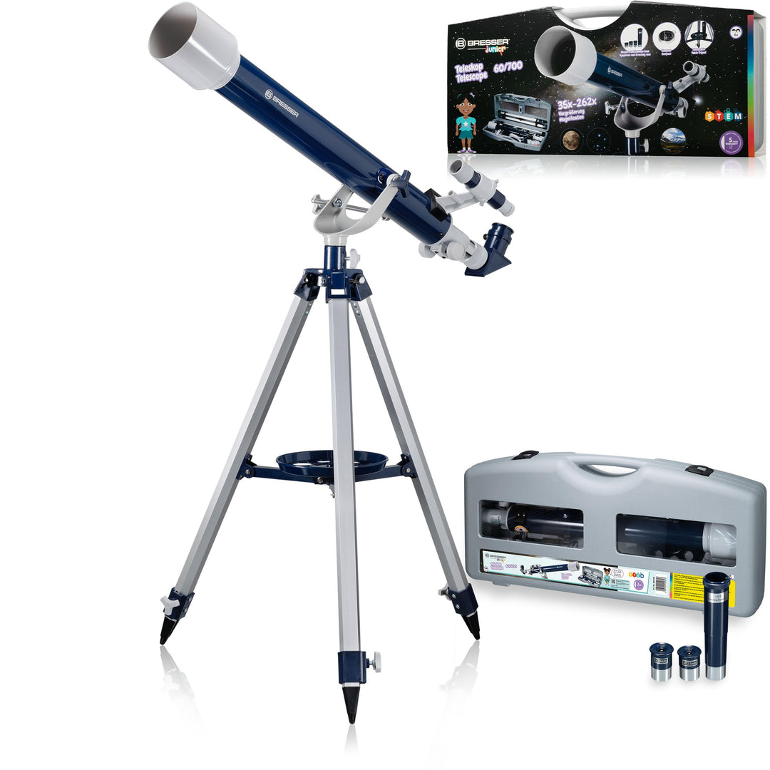 Bresser junior Linsenteleskop 60/700 AZ mit azimutalem Stativ, LED Sucher, Transportkoffer und weite