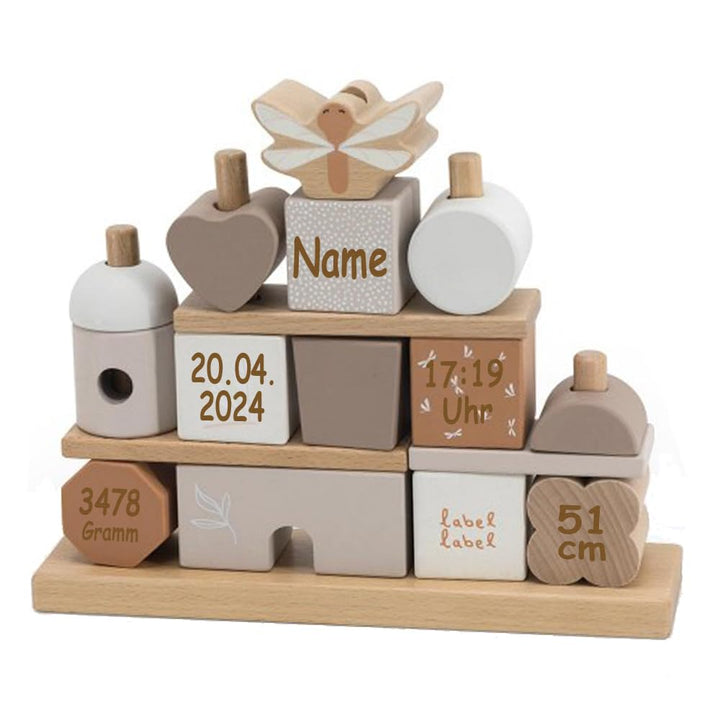 Steckspiel Haus beige personalisierbar mit Name und Geburtsdaten Baby Geschenk mit Gravur, Beige