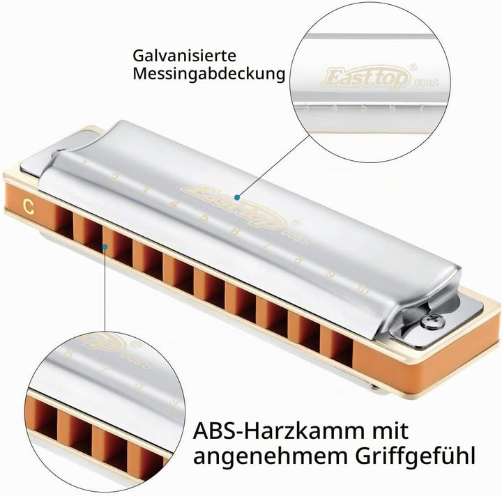 East Top Diatonische Blues Harmonica Mundharmonika Tonart C 10 Löcher T008S Mundharmonika Für profes