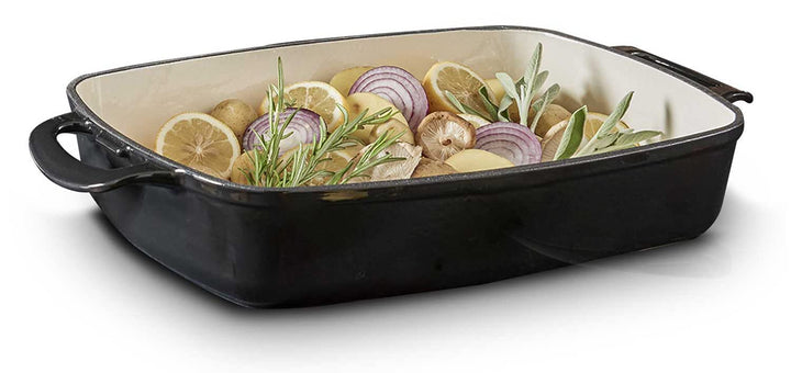 MEISTERKOCH Bräter aus Gusseisen in Schwarz/Creme, 44,5 x 27 cm, 5 Liter Volumen, Induktion, spülmas