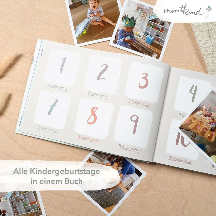 Mintkind® „Alle meine Kindergeburtstage“ Erinnerungsalbum vom 1. bis zum 12. Geburtstag | Fotoalbum