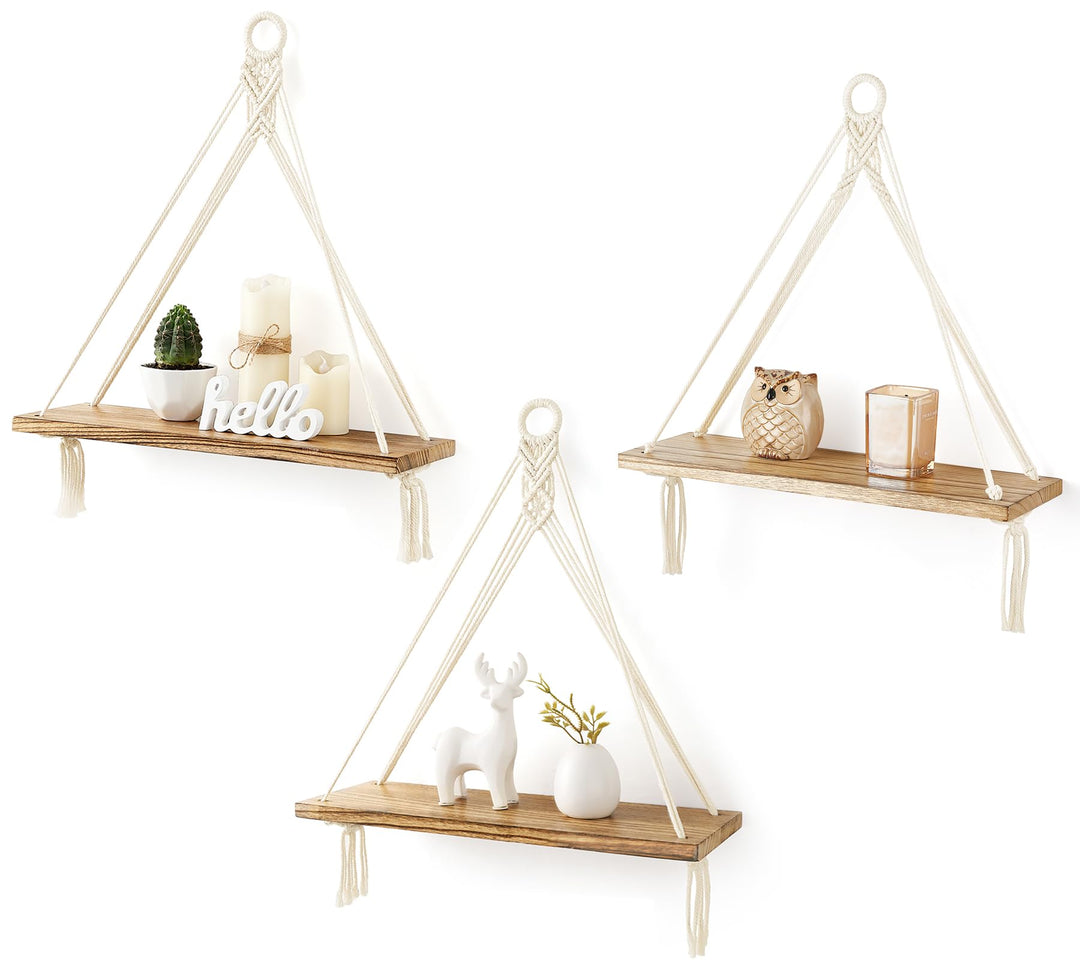 Mkono Makramee Hängeregale Boho Wanddekoration 3er Set Rustikales Holz Schweberegal für Schlafzimmer