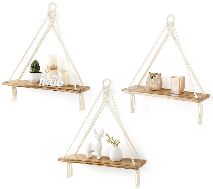 Mkono Makramee Hängeregale Boho Wanddekoration 3er Set Rustikales Holz Schweberegal für Schlafzimmer