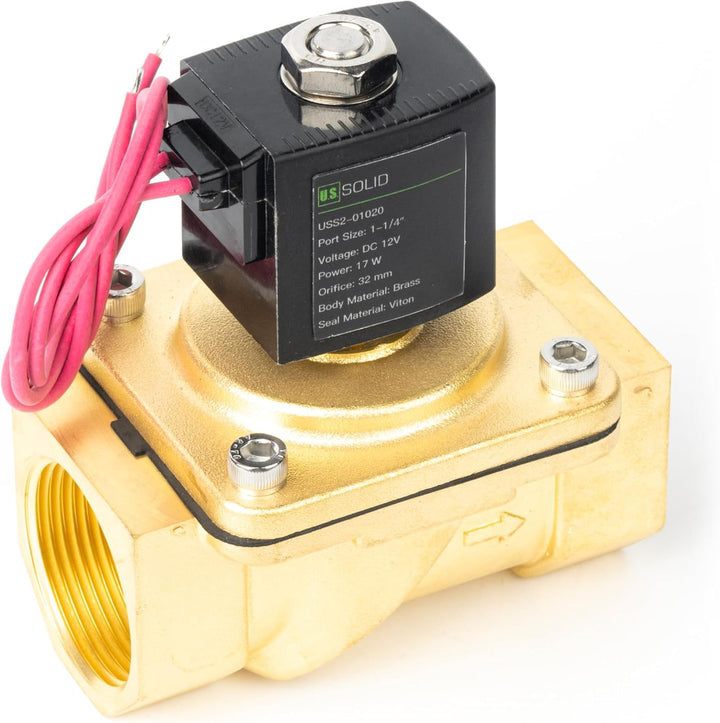 U.S. Solid 1-1/4" Magnetventil - Messing DC 12V mit Viton-Dichtung, stromlos geschlossen, Bleidraht-