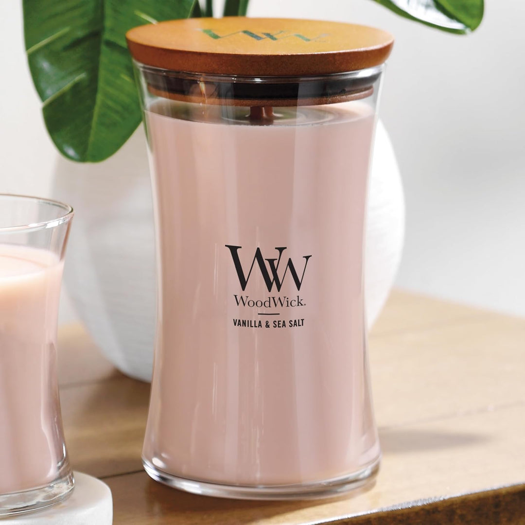 Grosse WoodWick Duftkerze im Sanduhrglas mit knisterndem Docht, Vanilla & Sea Salt, bis zu 130 Stund