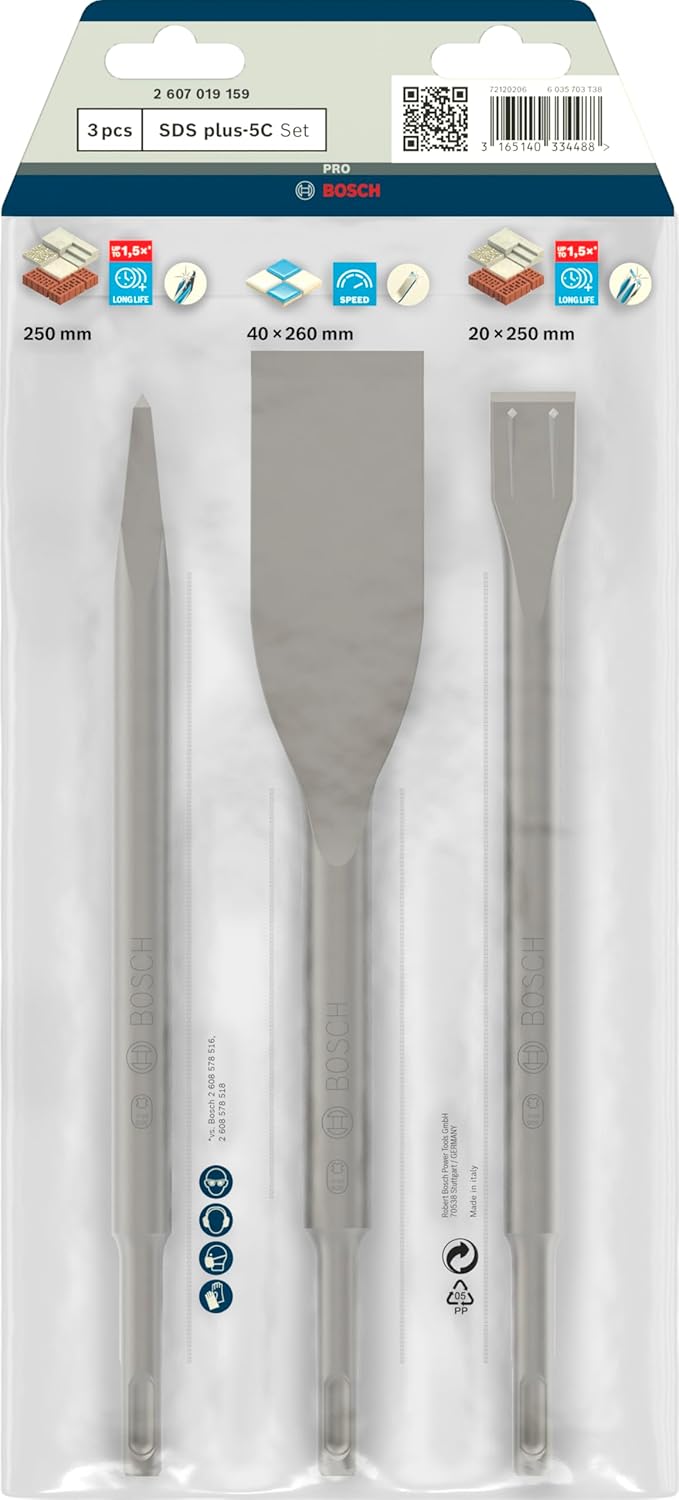 Bosch 3x PRO SDS plus-5C Meissel-Set, 3-tlg. (für Beton, Ziegelstein, Ø mm, Professional Zubehör Boh
