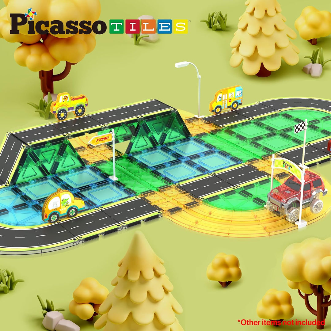 PicassoTiles Magnetfliese, Autostrecke, Abenteuerthema, Bedruckt, Strasse, Landebahn, Rennstrecke, A