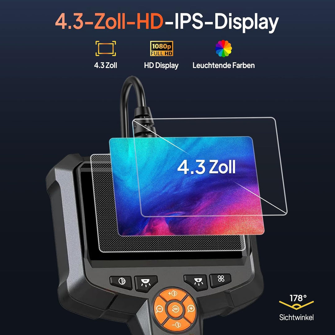 Endoskopkamera mit Licht, AOPICK 8mm IP67 wasserdichte Endoskop, 4.3" IPS Bildschirm Inspektionskame