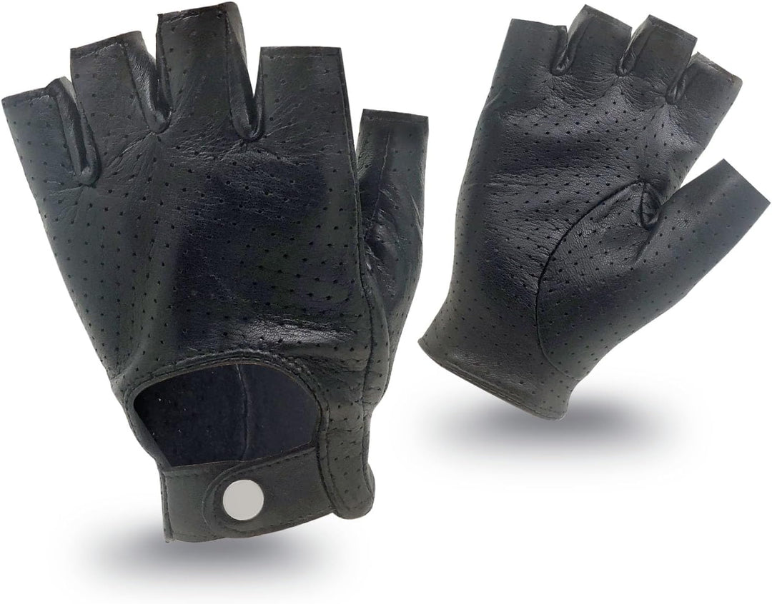 ZLUXURQ Herren-Lederhandschuhe Vollmaschige Fingerlose Halbfinger-Fahrhandschuhe Medium-9" Schwarz,