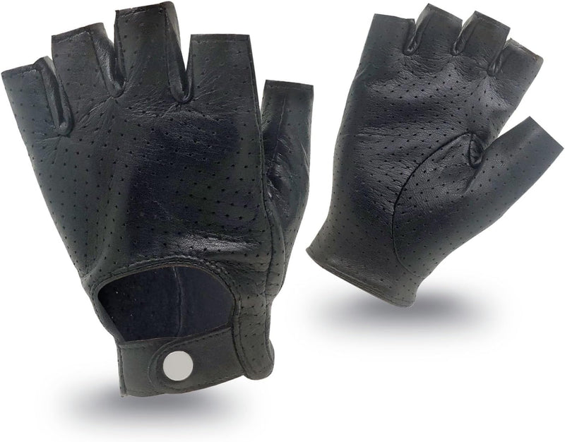 ZLUXURQ Herren-Lederhandschuhe Vollmaschige Fingerlose Halbfinger-Fahrhandschuhe, Large-9.5" Schwarz