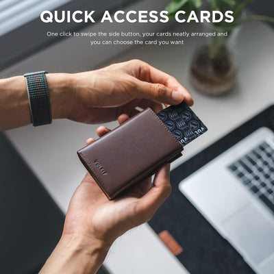VULKIT Kreditkartenetui RFID-blockierende Pop-Up-Kartentasche aus Echtem Leder mit Geldscheinfach, A