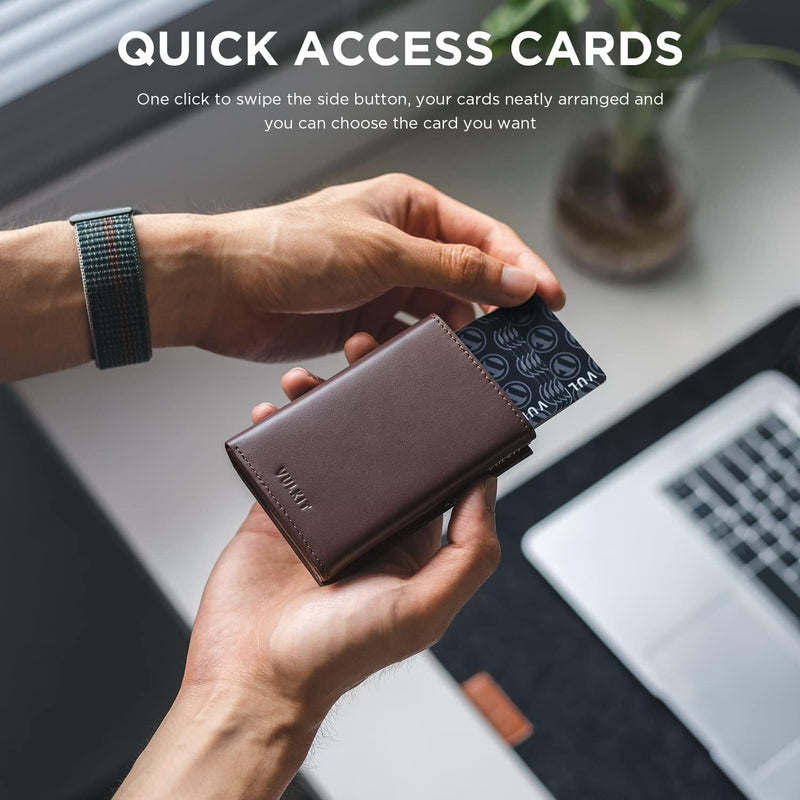 VULKIT Kreditkartenetui RFID-blockierende Pop-Up-Kartentasche aus Echtem Leder mit Geldscheinfach, A