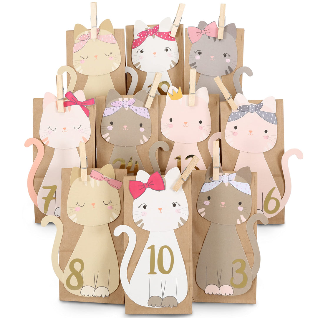 Papierdrachen Adventskalender 2025 zum Befüllen - Katzen - braune Papiertüten mit Stanzteilen - inkl