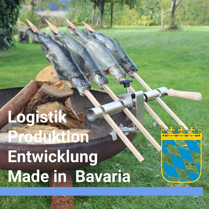 Premium Steckerlfisch Halter für Feuerschale - Platz für 4 Fische - Fisch Grill Aufsatz passt auf Je