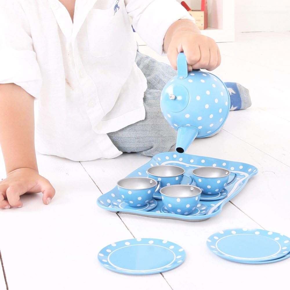 Bigjigs Toys Blau-weiss gepunktetes Teeservice