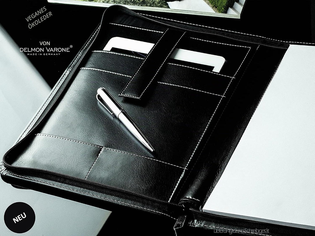 DELMON VARONE - Tablet Schreibmappe mit Reissverschluss inkl. Notizblock DIN A4 aus veganem Eco Kuns