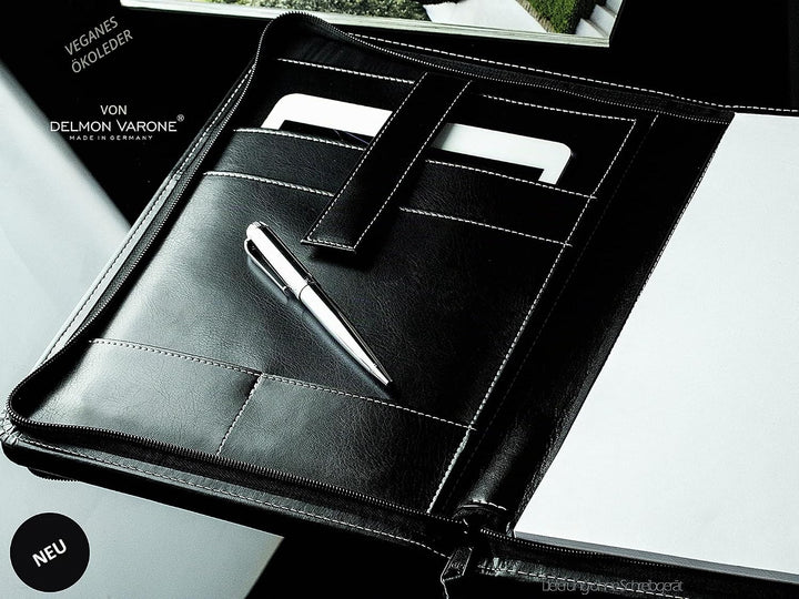 DELMON VARONE - Tablet Schreibmappe mit Reissverschluss inkl. Notizblock DIN A4 aus veganem Eco Kuns