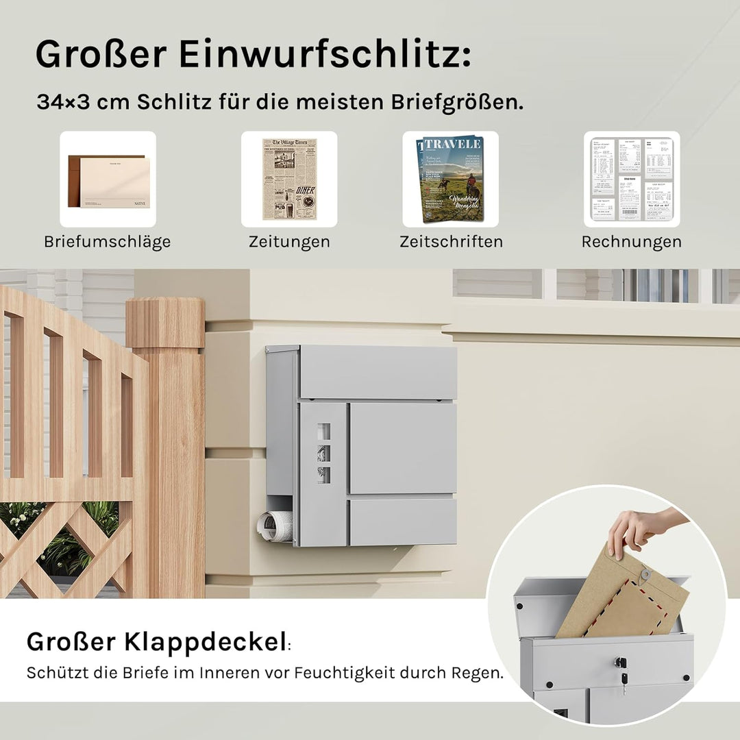 WOLTU Briefkasten Postkasten mit Zeitungsfach Sichtfenstern Klappdeckel, Wandbriefkasten abschliessb
