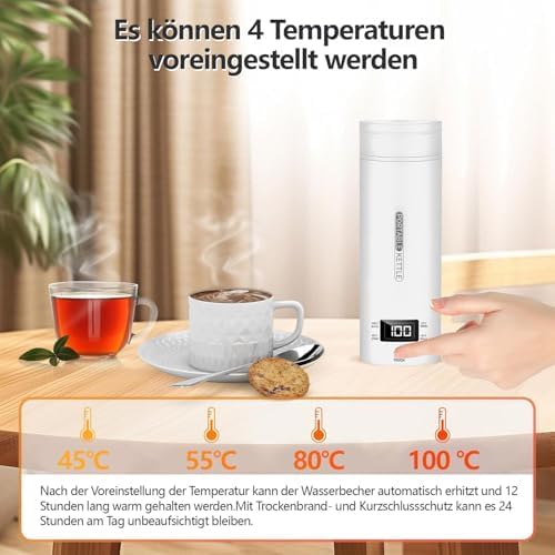 Reise Wasserkocher Klein, 220-240V 500ML Tragbarer Wasserkocher Mini Wassertasse, Heizung Automatisc