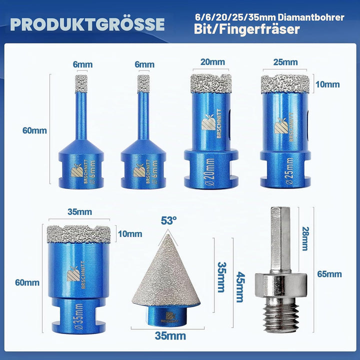 Diamantbohrer Fliesenbohrer Set -6/6/20/25/35 mm Diamantbohrer für Porzellan Fliese Granit Marmor Tr