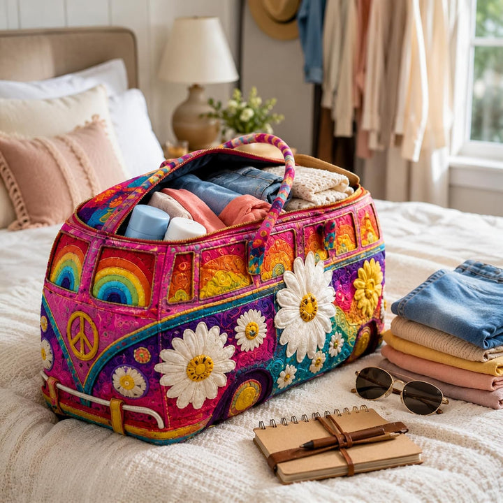 Hippie Van Quilted Duffle Bag – Boho Wochenendtasche - Bus Design Handliche Reisetasche Damen Weeken