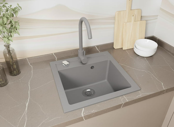 Faizee Möbel | Hochwertige beidseitig montierbare Granitspüle 48 x 50 cm in Grau – Eckige Einbauspül