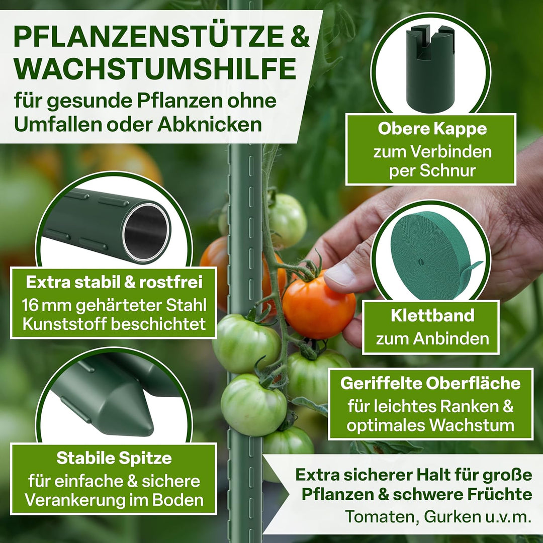 TTL GARDEN Rankstäbe 10er Set 90cm x 16mm Ø grün - extra stabile 16 mm Rankhilfe Pflanzstäbe + Klett